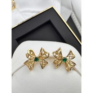 Gold Tone Lattice Bow Stud Earrings with Green Center Stone Coquette Style